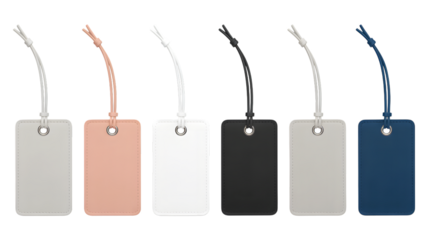 Collection of colorful blank tags with strings isolated on transparent background