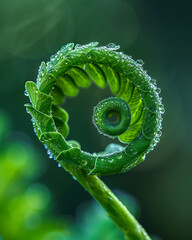 Close up of a vibrant green fern frond unfurling with dew drops in soft natural light
