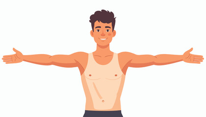Fototapeta premium Smiling young man with arms outstretched, standing against a white background.