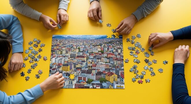 Diverse group assembling cityscape puzzle on bright yellow table