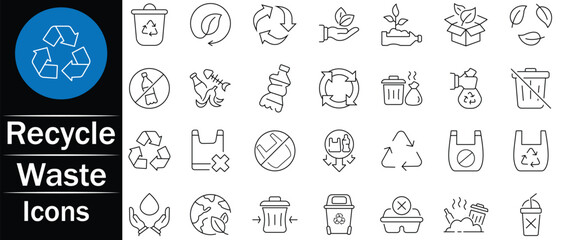 Waste and Recycling line icon set. Related to plastic waste bans icon set. Eco, plastic, save, reuse, pollution, dump and more icons. Linear icon collection. Vector illustration.