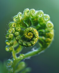 Close up of a vibrant green fern frond unfurling in a perfect spiral pattern