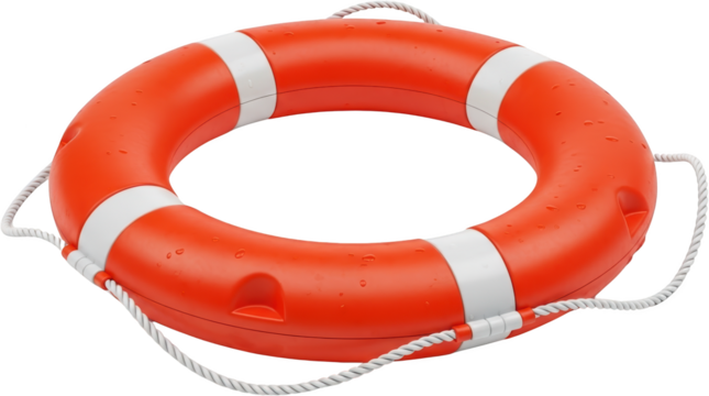 Bright orange life preserver ring with white stripes covered in small water droplets with white rope attached lifebuoy ring buoy safety ring flotation device water safety emergency equipment