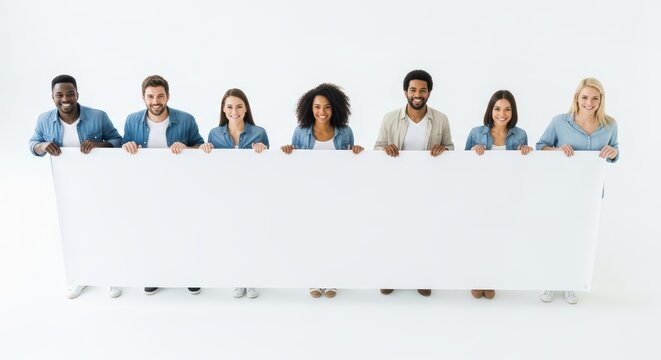 Diverse group of young adults holding blank banner in casual attire - Powered by Adobe