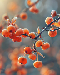 Close up of bright orange crabapples hanging from a delicate branch in soft autumn light