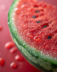 Close up of a refreshing slice of watermelon covered in water droplets on a pink background