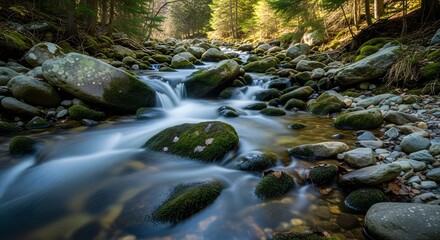 A scenic river flowing through a forest with moss covered rocks and trees in the background view