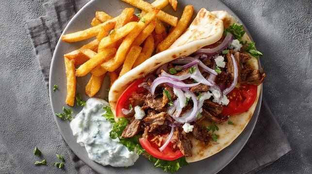 Top-down view of an Authentic Greek Gyro Wrap on a clean plate, pita filled with seasoned ground beef and lamb