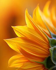 Close up macro shot of vibrant yellow sunflower petals with soft golden bokeh background