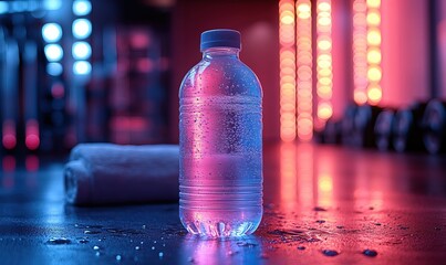 A refreshing bottle of water at the gym with moody lighting