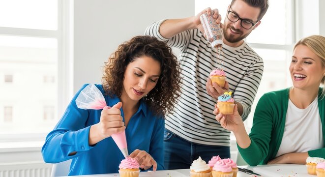 Young adults decorating cupcakes in a bright kitchen setting - Powered by Adobe