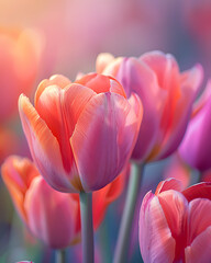 Soft focus close up of vibrant pink and orange tulips blooming in a garden with warm sunlight