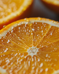 Close up of a juicy orange slice sprinkled with tiny white seeds and sugar crystals