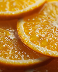 Close up macro shot of fresh juicy orange slices with glistening water droplets