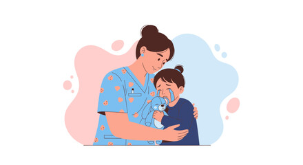 Compassionate Nurse Comforting A Weeping Child Holding A Teddy Bear With Empathy and Care