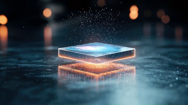 A square, transparent object with a swirling galaxy pattern inside glows with orange and blue light, emitting particles.