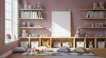 Cozy children's play and reading area with plush toys and colorful d?cor in a pink themed room