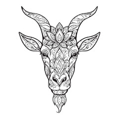 A conceptual illustration of a goat head adorned with intricate ethnic patterns and a lotus flower. This spiritual animal design is isolated, ideal for tattoos, prints, or adult coloring books