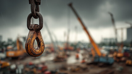 A heavy crane hook hangs in focus while various cranes and construction activities take place in the blurred background. The overcast sky adds a dramatic mood to the urban scene 