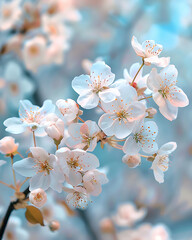 Delicate pale pink and white cherry blossoms bloom on a branch with a soft blue background