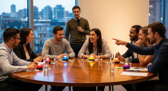 Diverse team engaged in interactive quiz game in modern office setting