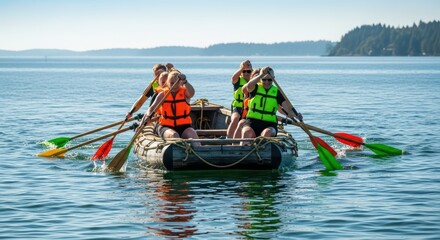 Group of adults rowing in inflatable boat with colorful paddles on lake