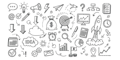 Hand drawn business startup concept with rocket money bag target and calendar icons