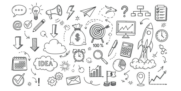 Hand drawn business startup concept with rocket money bag target and calendar icons