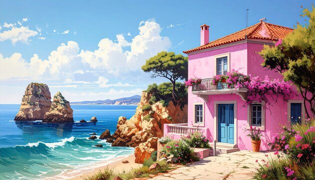 Pink House by the Sea - A Tranquil Coastal Scene.