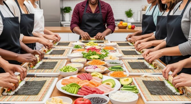 Diverse group of adults learning sushi making in cooking class - Powered by Adobe