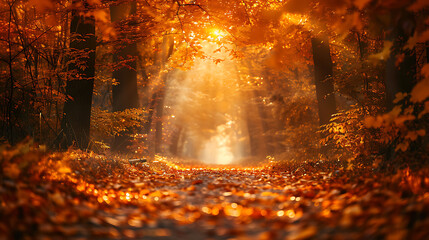 Magical golden light beams illuminate a mystical forest floor covered in autumn leaves