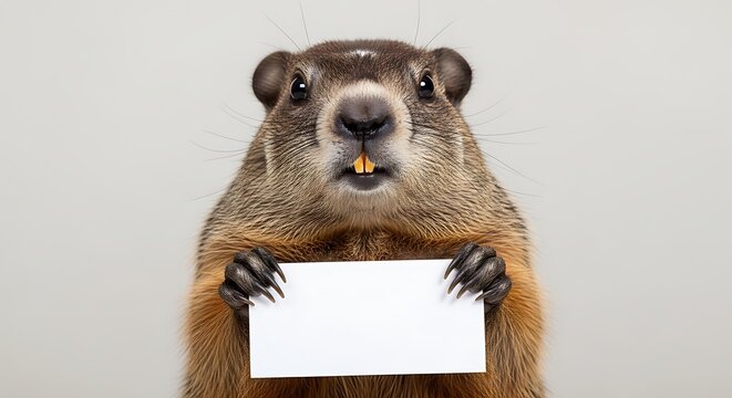 Groundhog holding a blank sign, looking directly at the camera with buck teeth
