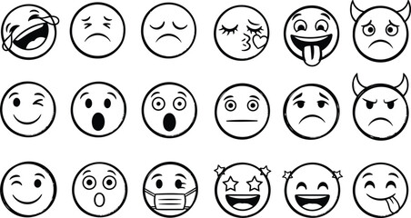 Collection of simple white cartoon faces with different expressions on black background