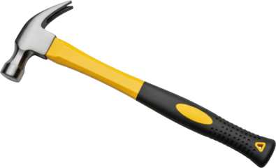 A Metallic Claw Hammer With A Bright Yellow Handle And Black Rubber Grip Rests Against A Stark Transparent Background Showcasing Its Construction And Design Details Tool Diy Hand Tool Equipment
