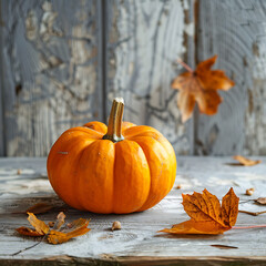 Small orange pumpkin on a rustic table with falling autumn leaves