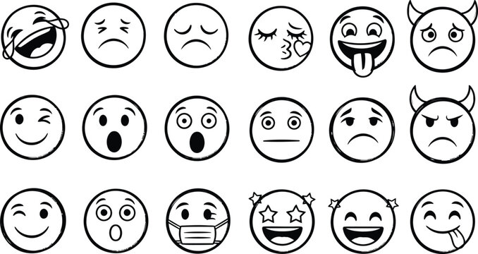 Collection of simple white cartoon faces with different expressions on black background