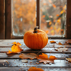 Cozy autumn scene with pumpkin and fallen leaves on a wooden surface by the window