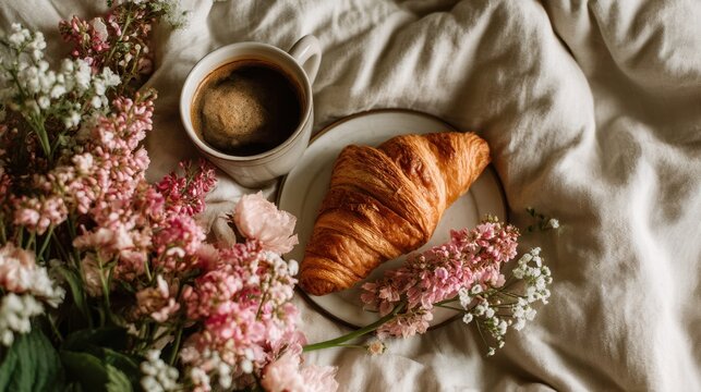 Coffee and croissant with flowers on soft blanket.