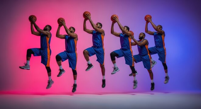 African male basketball player performing jump shot sequence with gradient lighting