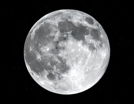 Detailed Full Moon Surface Texture with Craters Against a Starry Black Sky Astronomical Observation Lunar Landscape Celestial Body Cosmic Exploration Silver Grey