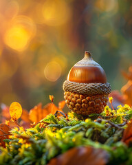Close up of a single acorn with a woven cap resting on mossy ground in autumn sunlight
