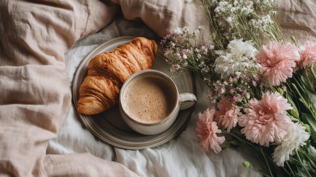 Cup of coffee by window with blanket in winter day.