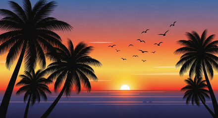 Obraz premium Tropical Sunset Over the Ocean with Palm Trees and Birds.