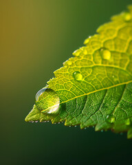 Close up of a vibrant green leaf with glistening water droplets after a refreshing rain