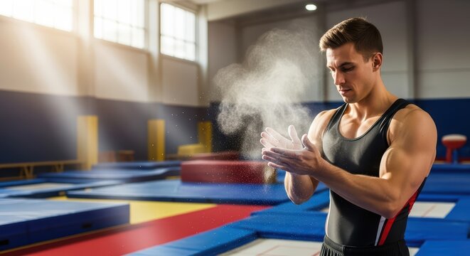 Young caucasian male gymnast prepares with chalk in sunlit gymnasium - Powered by Adobe