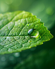 Close up of a vibrant green leaf with a single dewdrop reflecting light