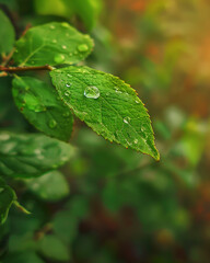Close up of lush green leaves with fresh water droplets after rain in nature