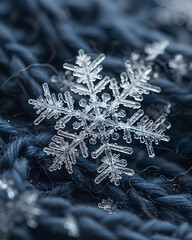 Macro photograph of a delicate ice crystal snowflake resting on a dark textured surface