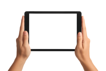 Hands holding a black tablet computer isolated on transparent background