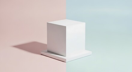 A minimalist white cube sits on a square pedestal against a split pastel pink and blue background, casting a soft shadow.